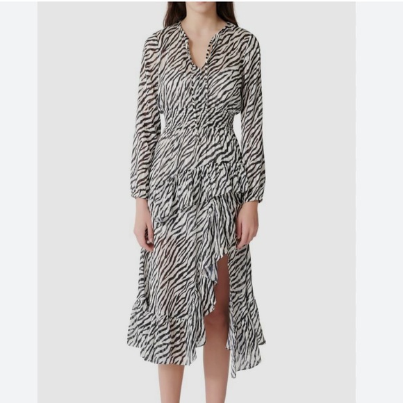 MAJE Zebra Print Asymmetric Metallic Chiffon Dress - Picture 1 of 3